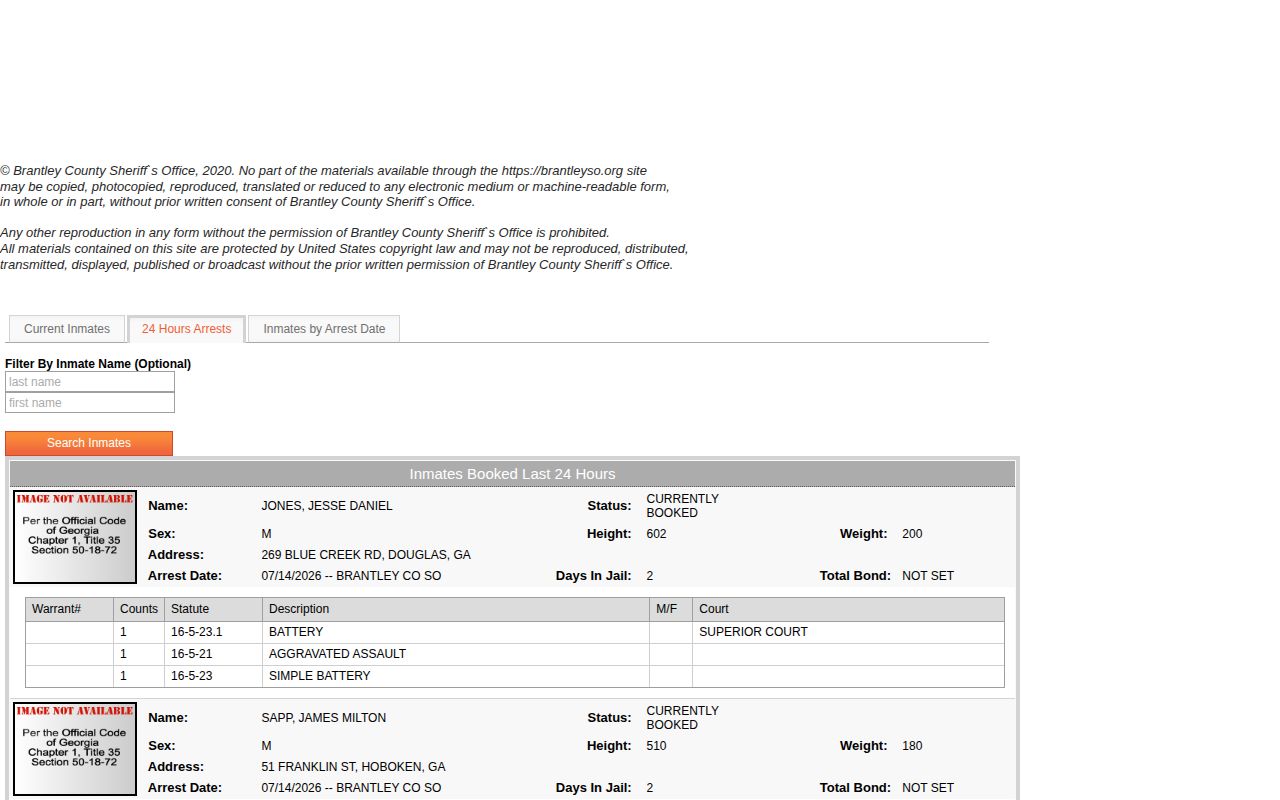 Brantley InterOp Inmates Booked Last 24 Hours page